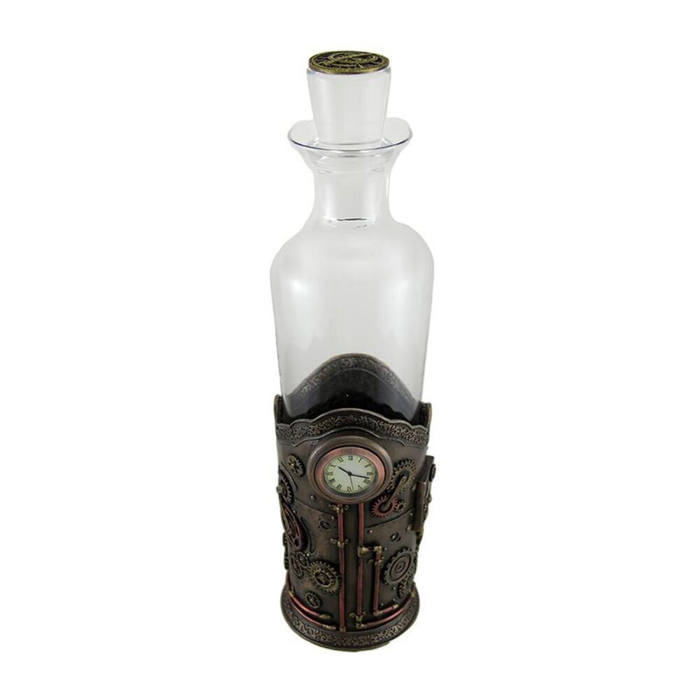 Time for Spirits Glass Spirit Decanter in Steampunk Basket with Clock